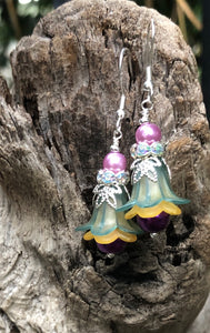 Green Purple and Gold Tulip Style Earrings