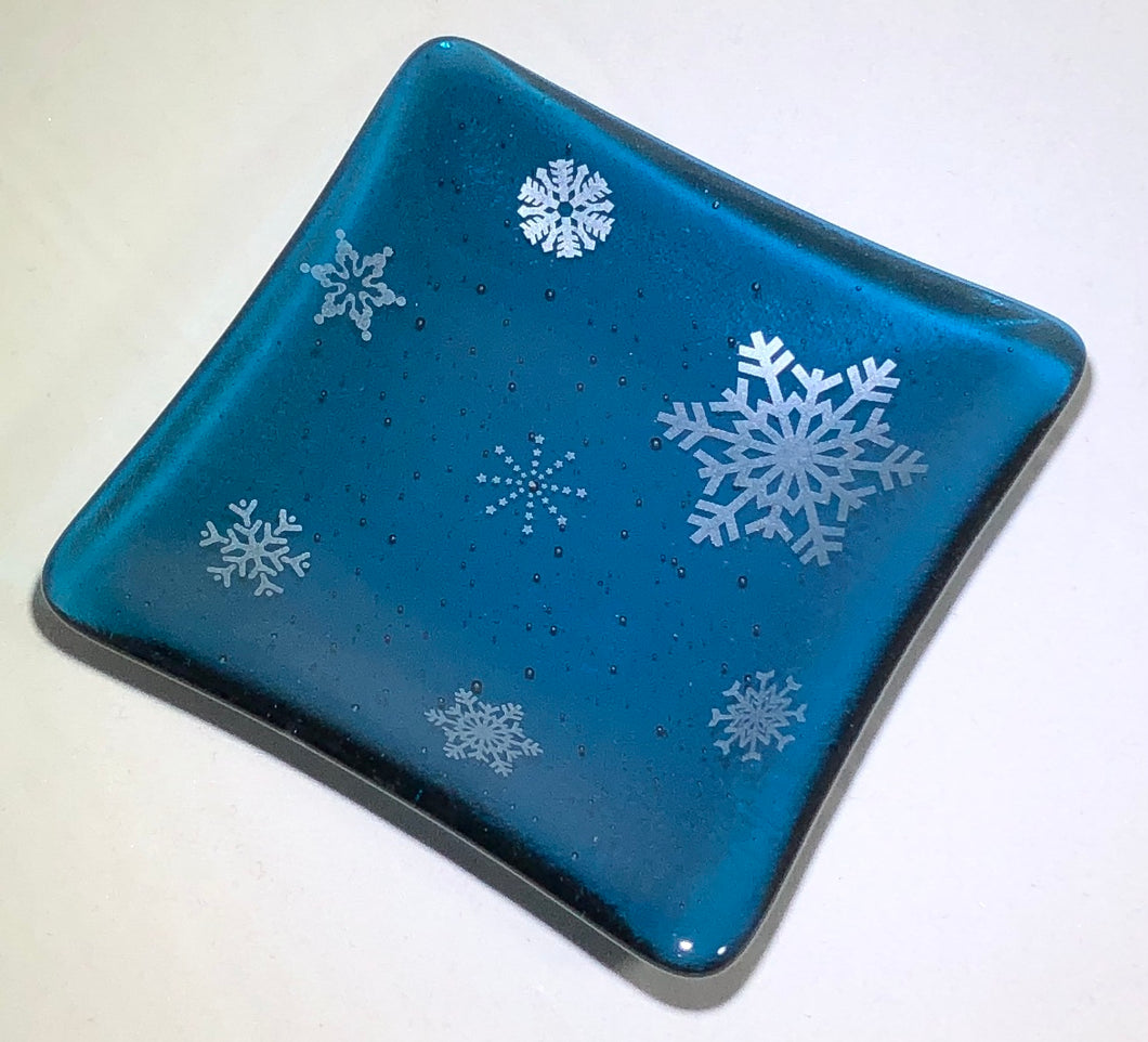 Sea Blue with Silver Snowflakes - Fused Glass Dish