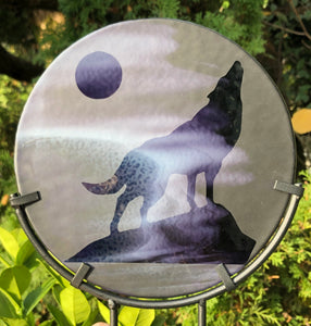 Purple Moon Wolf - Fused Glass Art Panel
