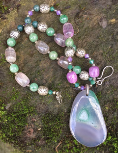 Mineral Necklace - Druzy Agate with Green Aventurine and Fluorite