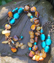 Load image into Gallery viewer, Glass Necklace - Amber, Turquoise and Buttery Yellow Lariat Style