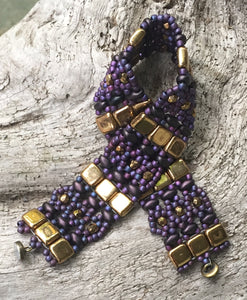 Purple and Gold Brocade style beaded bracelet - 7 1/4"