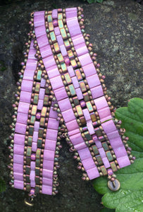 Pink Tile beads - Pink and Matte Bronze Half Tiles Magnetic Clasp 7 3/4"