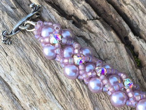 Beaded Bracelet - Pearl Monster - Pale Mauve and Crystal