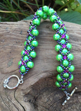 Load image into Gallery viewer, Beaded Bracelet - Pearl Monster - Vivid Green and Violet
