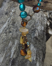 Load image into Gallery viewer, Glass Necklace - Amber, Turquoise and Buttery Yellow Lariat Style