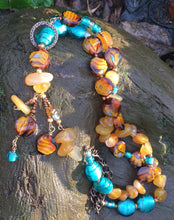 Load image into Gallery viewer, Glass Necklace - Amber, Turquoise and Buttery Yellow Lariat Style