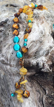 Load image into Gallery viewer, Glass Necklace - Amber, Turquoise and Buttery Yellow Lariat Style