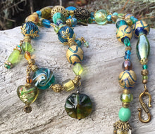Load image into Gallery viewer, Lampwork Necklace - Gold Aqua and Chartreuse Dangles