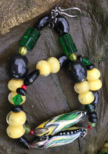 Load image into Gallery viewer, Lampwork Glass Necklace - Black Green and Buttery Yellow