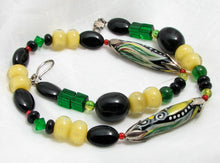 Load image into Gallery viewer, Lampwork Glass Necklace - Black Green and Buttery Yellow