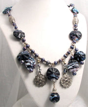 Load image into Gallery viewer, Lampwork Glass Necklace - Dark Purple &amp; White Jingles