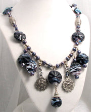 Load image into Gallery viewer, Lampwork Glass Necklace - Dark Purple & White Jingles