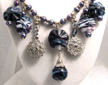 Load image into Gallery viewer, Lampwork Glass Necklace - Dark Purple &amp; White Jingles