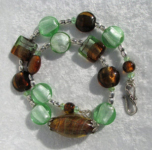 Lampwork Glass Necklace - Amber and Green