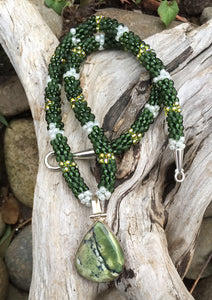 Kumihimo Necklace and Bracelet Set - Dark Green with Gold and Pearly White