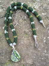 Load image into Gallery viewer, Kumihimo Necklace and Bracelet Set - Dark Green with Gold and Pearly White