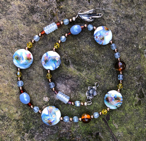Lampwork Glass Necklace - Light Blue Amber and Lime