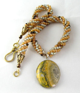 Kumihimo Necklace - Yellow Pale Green Jasper Pendant