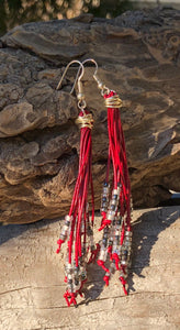 These Cattail Style Red Leather Earrings with sparkly Black Silver and Clear beads measure approximately 3 1/2".