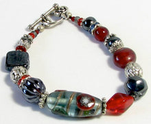 Load image into Gallery viewer, Lampwork Glass Bracelet - Red Black and Silver Rose