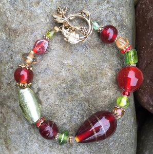 Lampwork Glass Bracelet - Red and Chartreuse with Grape Toggle