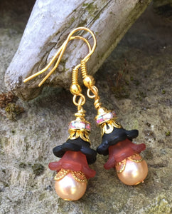 These Black, Auburn and Champagne Mini Tulip Style Earrings are adorned with gold filigree and Austrian crystals and measure 1".