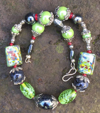 Load image into Gallery viewer, Lampwork Glass Necklace - Shimmering Black and Green Confetti