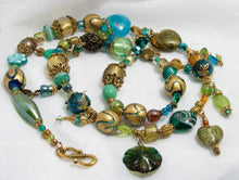 Load image into Gallery viewer, Lampwork Necklace - Gold Aqua and Chartreuse Dangles