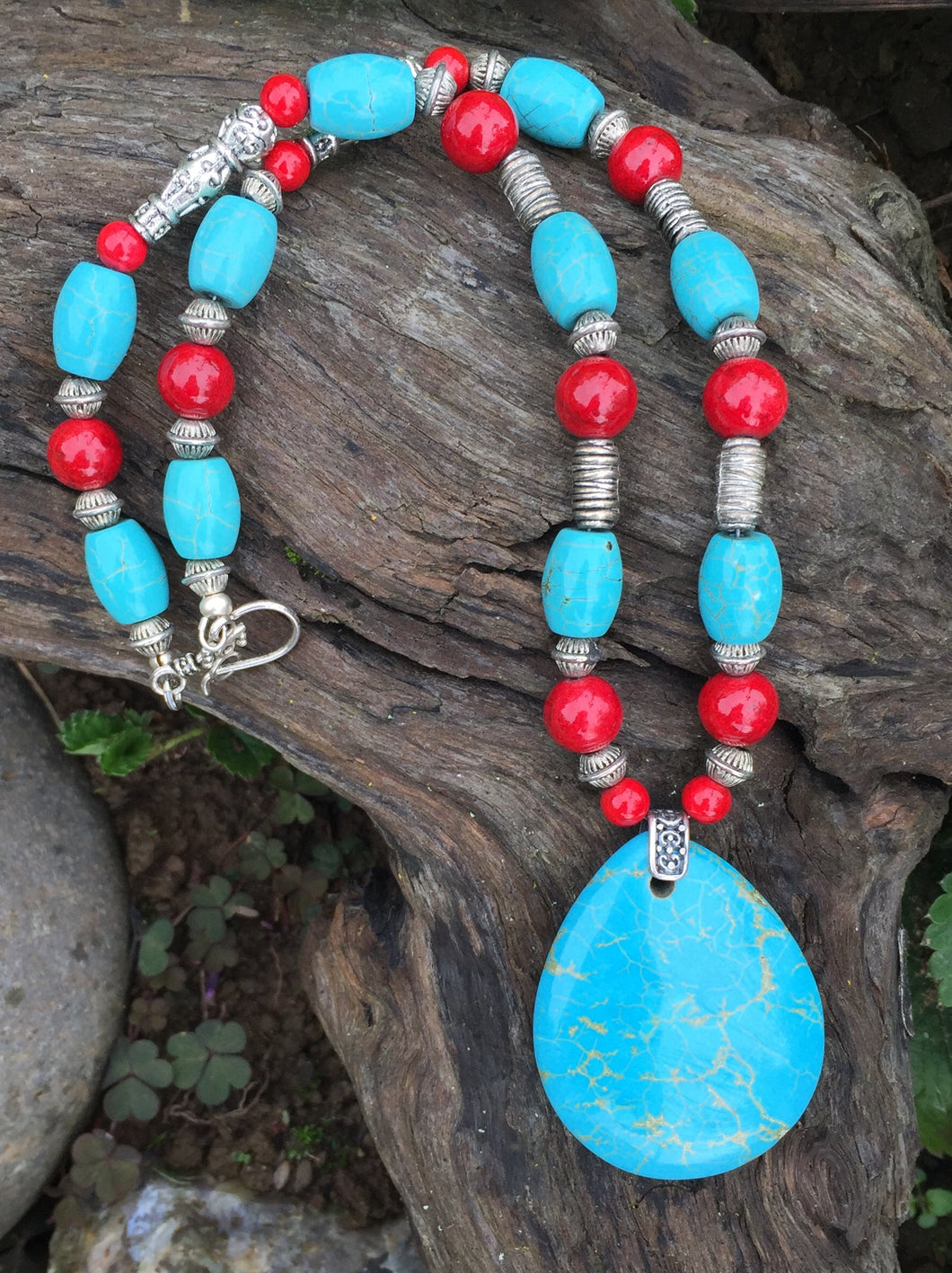 Mineral Necklace - Blue Turquoise and Red Coral