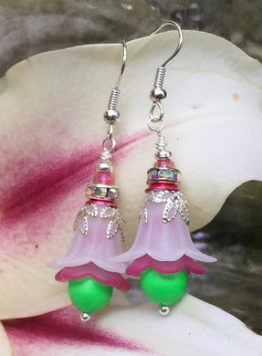 White Pink and Green Tulip Earrings