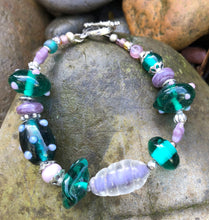 Load image into Gallery viewer, Lampwork Glass Bracelet - Dark Teal Green and Lavender