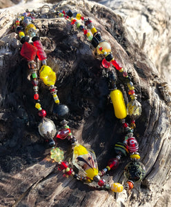 Lampwork Glass Necklace - Double Strand Black Red & Yellow