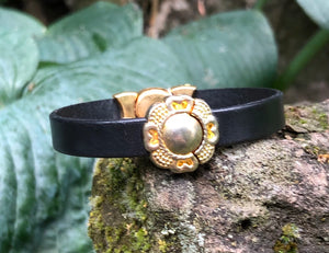 Leather Bracelet - Black with Hammered Gold Components