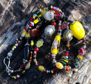 Lampwork Glass Necklace - Double Strand Black Red & Yellow