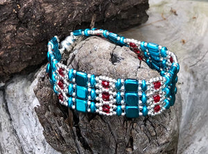 Beaded Bracelet - Turquoise Silver and Red Brocade