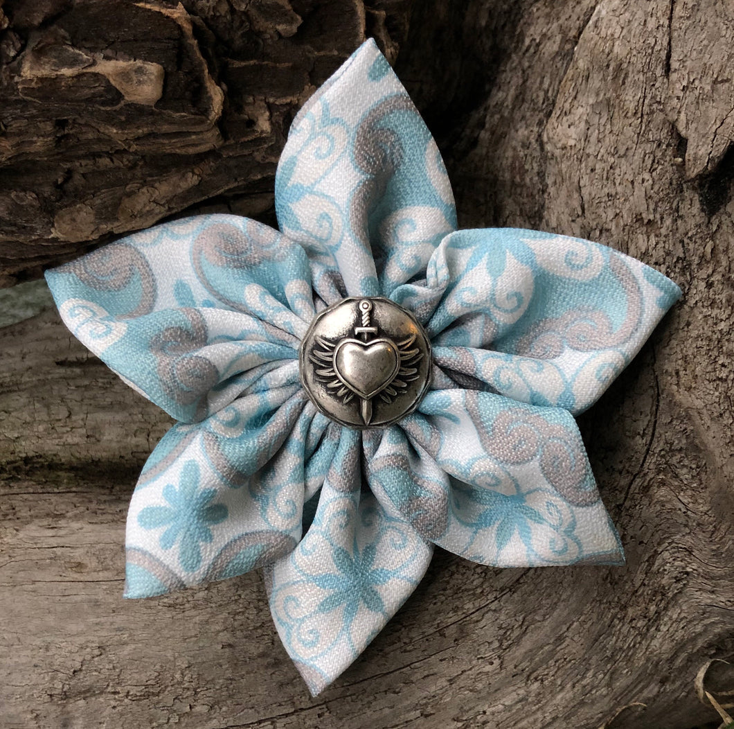 Fabric Flower - White Gray Light Blue