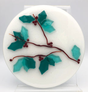 Aqua Holly and Berries - Fused Glass
