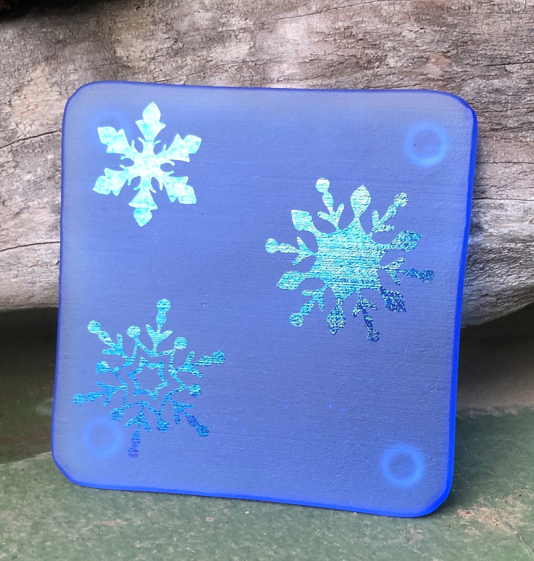 Fused Glass - Light Sky Blue with Irid Snowflakes Coaster