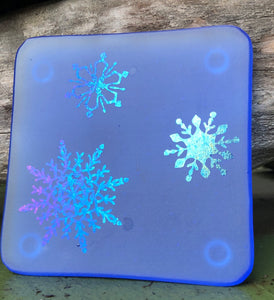 Fused Glass - Light Sky Blue with Irid Snowflakes Coaster