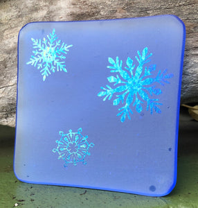 Fused Glass - Light Sky Blue with Irid Snowflakes Coaster