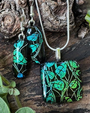 Cool Dichro Leaves Fused Glass Pendant and Earrings
