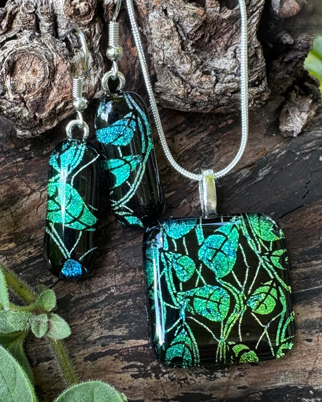 Cool Dichro Leaves Fused Glass Pendant and Earrings