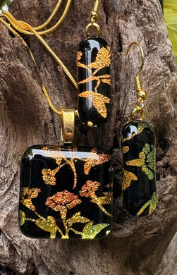 Warm Dichro Leaves Fused Glass Pendant and Earrings