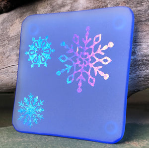 Fused Glass - Light Sky Blue with Irid Snowflakes Coaster