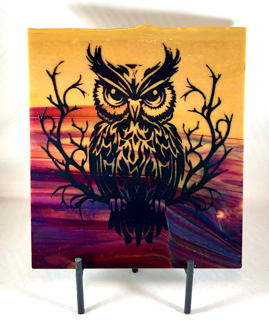 Tribal Owl Fused Glass Art Panel