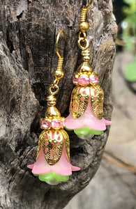 Pink, Gold and Green Tulip Style Earrings