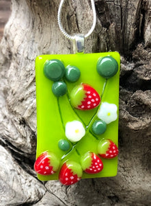 Ripened Strawberry Vine Fused Glass Pendant