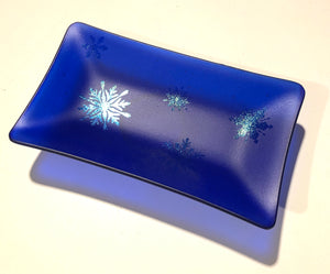 Fused Glass - Deep Royal Blue with Irid Snowflakes Dish