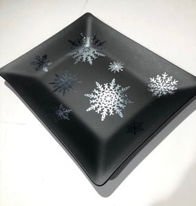 Fused Glass - Matte Black with Silver Snowflakes Tray